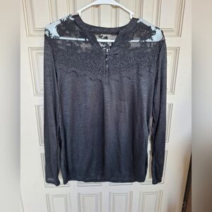 Faded Glory Lace Yoke Sweater Sz12/14 Lt Weight Long Sleeve Pullover Poly/Rayon